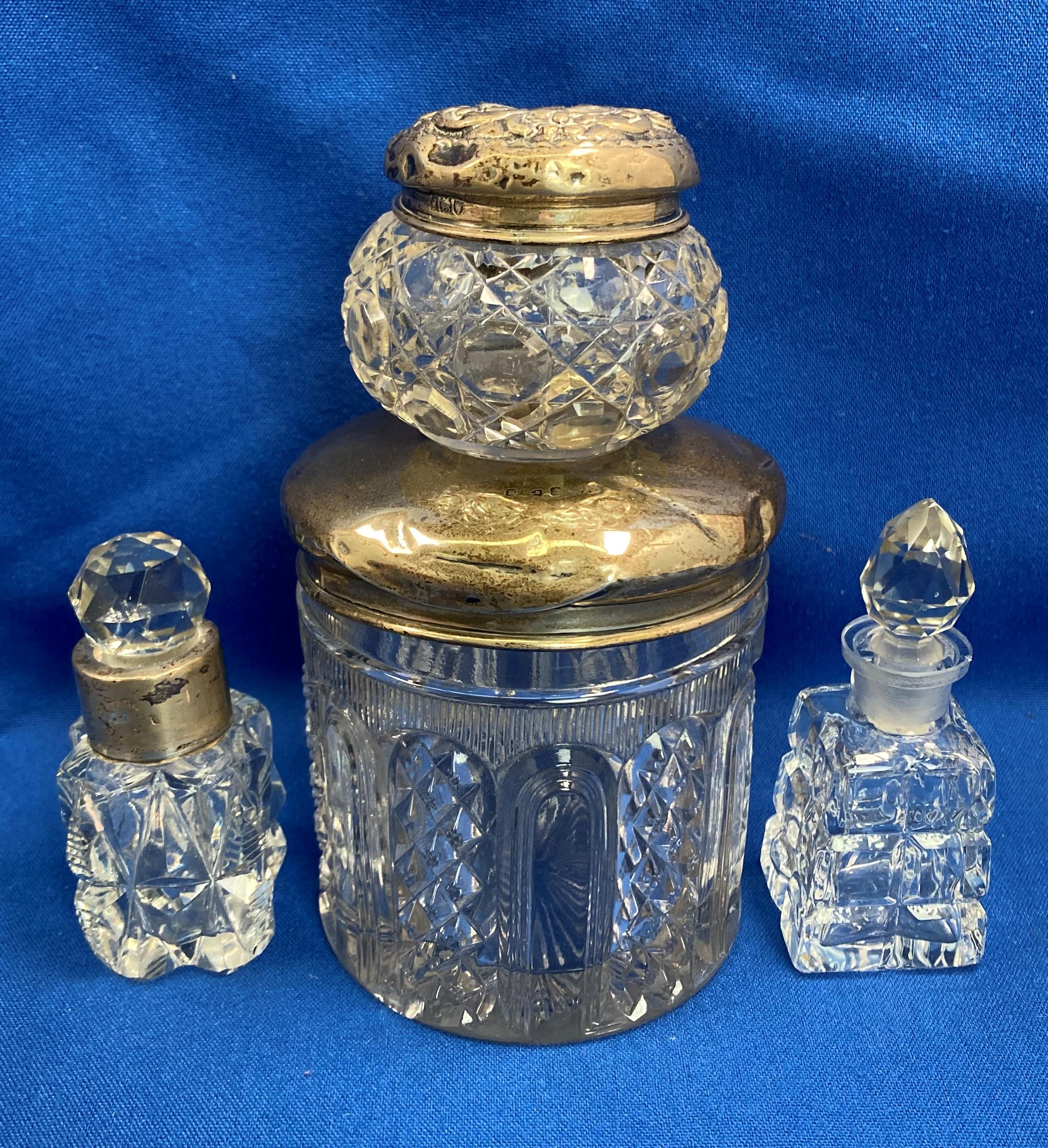 Contents to box - three silver top (hallmarked) dressing table set items and a set of three glass - Image 5 of 5