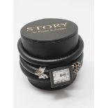 STORY' by Kranz & Ziegler black leather wrap bracelet with two sterling silver charms and watch,