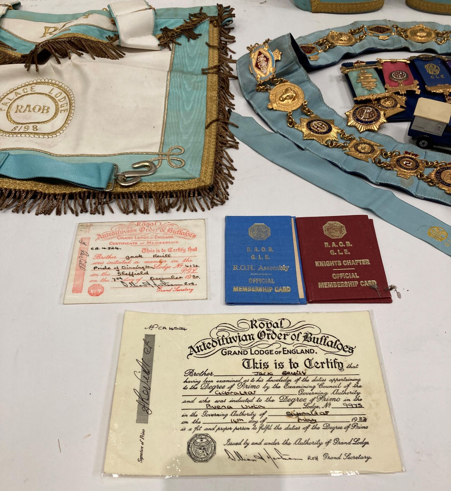 Contents to box - RAOB ceremonial sash with medals, cuffs, gloves, certificates, - Image 3 of 5