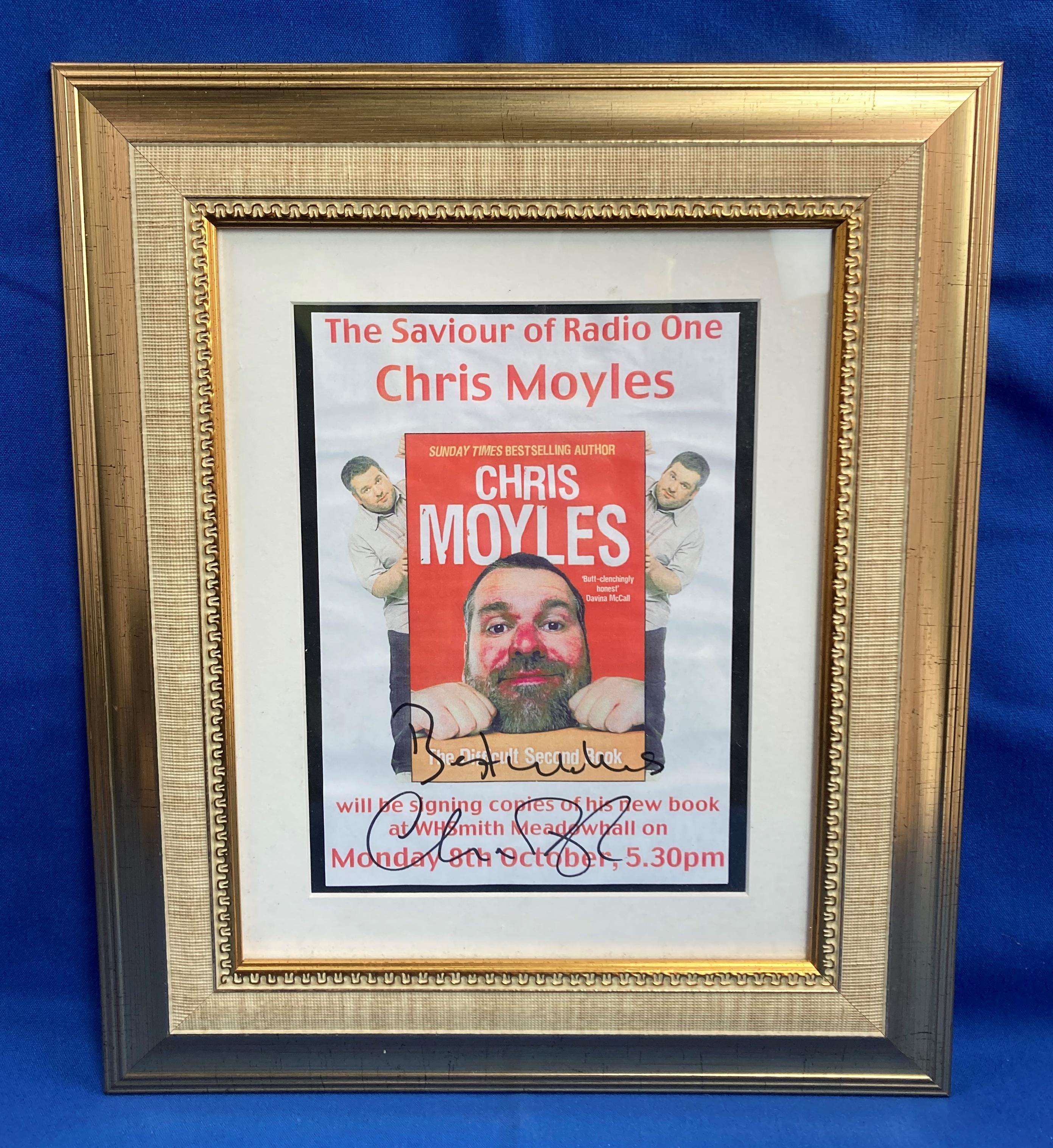 A Chris Moyles 'The Difficult Second Book' signed framed poster with authenticity to reverse,