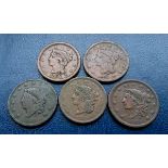 USA - Large Cents (5) - Coronet Cent 1835, 1838, 1839, Braided Hair Cent 1841, 1856.