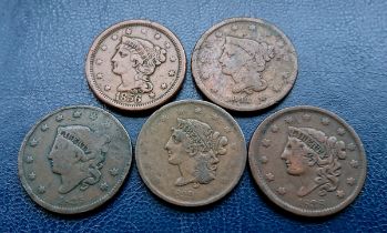 USA - Large Cents (5) - Coronet Cent 1835, 1838, 1839, Braided Hair Cent 1841, 1856.