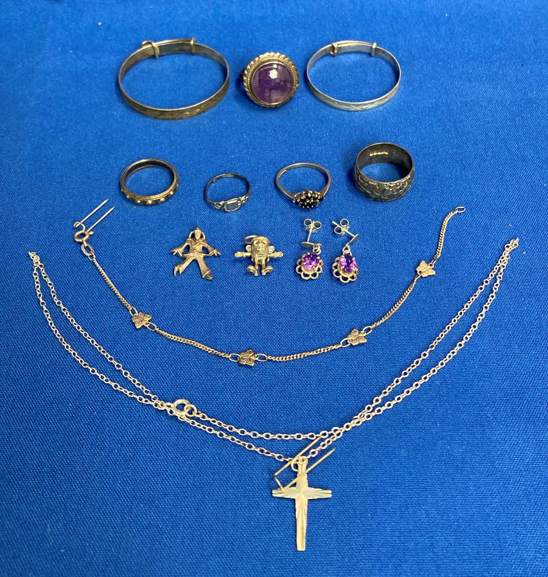 Twelve assorted silver hallmarked items including sapphire nine stone diamond-shape ring (size O),
