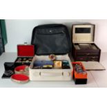 Two jewellery boxes and assorted costume jewellery including brooches, cufflinks,