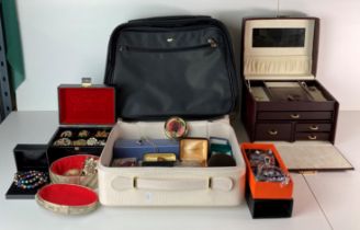 Two jewellery boxes and assorted costume jewellery including brooches, cufflinks,