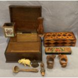 Three assorted vintage wooden boxes/cases including a hand painted pencil/artist case,