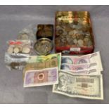 Contents to tin - large quantity of assorted coins and eight assorted bank notes (saleroom