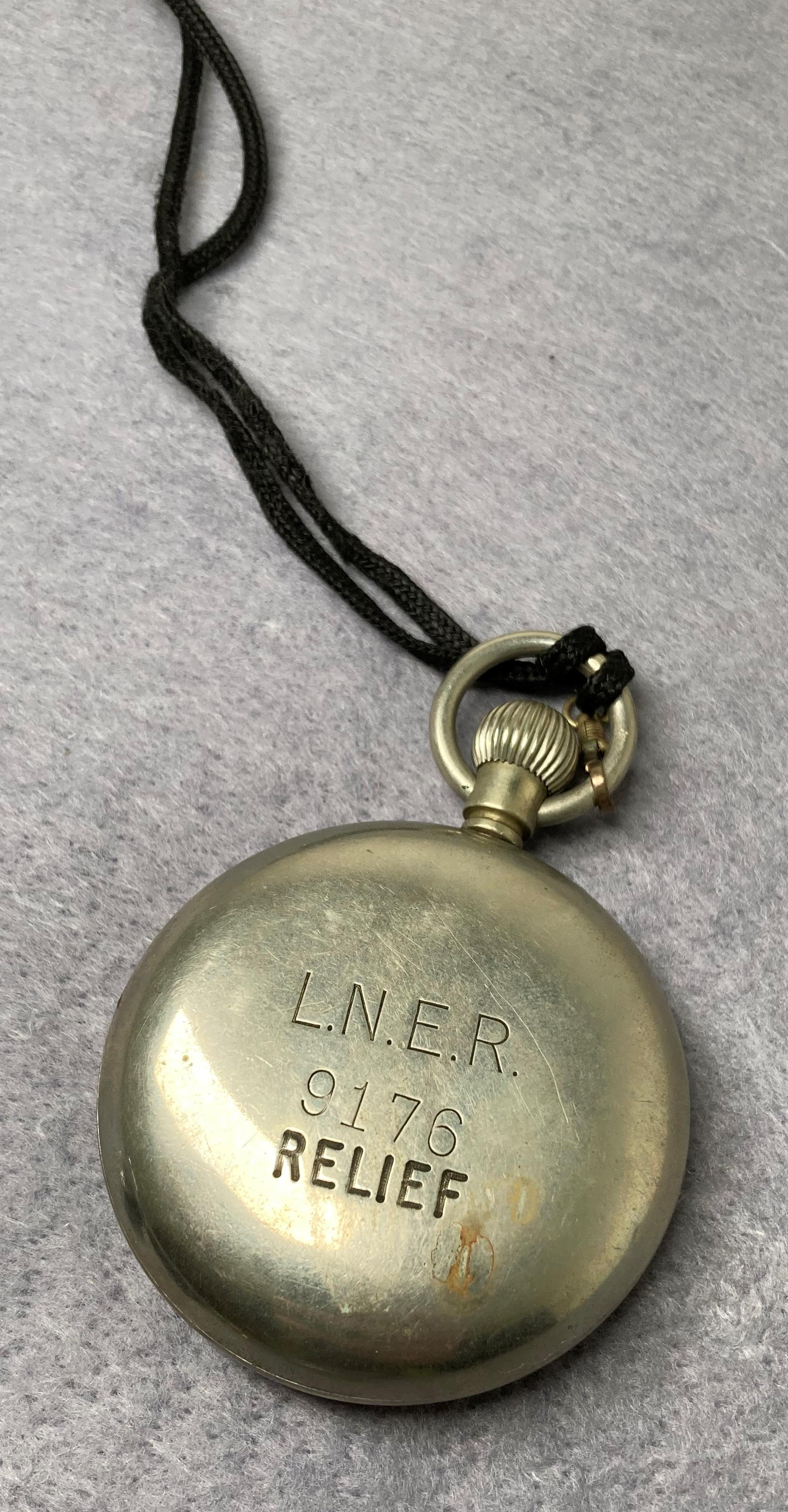 Selex pocket watch (working) with "LNER 9176 Relief" engraved to back, railway badges, cap badge, - Image 5 of 5