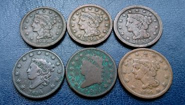 USA - Large Cents (6) - Classic Head 1814, Coronet 1830, Braided Hair 1840, 1845, 1848, 1853.