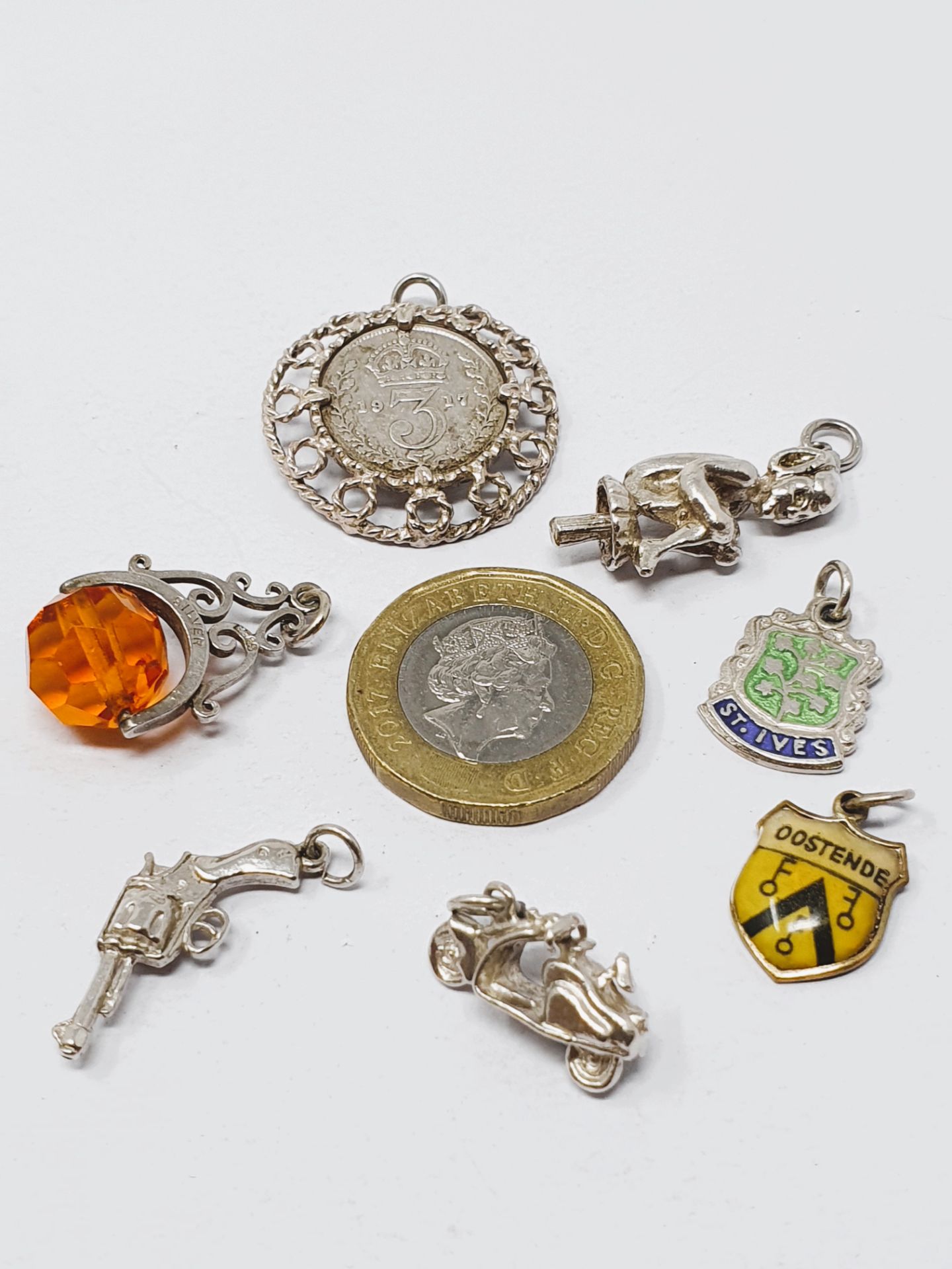 Sterling silver selection of fifteen vintage charms, including 3d coin in mount, 21 Key,