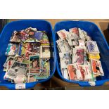 Contents to two blue plastic trays - a large quantity of football trading cards including Topps
