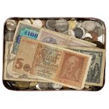 Tin of World coins & banknotes (saleroom location: S3 GC4)