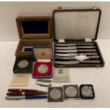 Contents to box including set of six cased silver hallmarked handled Art Deco style fruit knives,