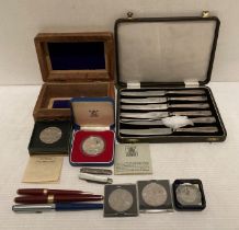 Contents to box including set of six cased silver hallmarked handled Art Deco style fruit knives,