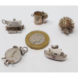 Sterling silver selection of fifteen charms, including clock, temple, boot, dustbin, IOM TT shield,