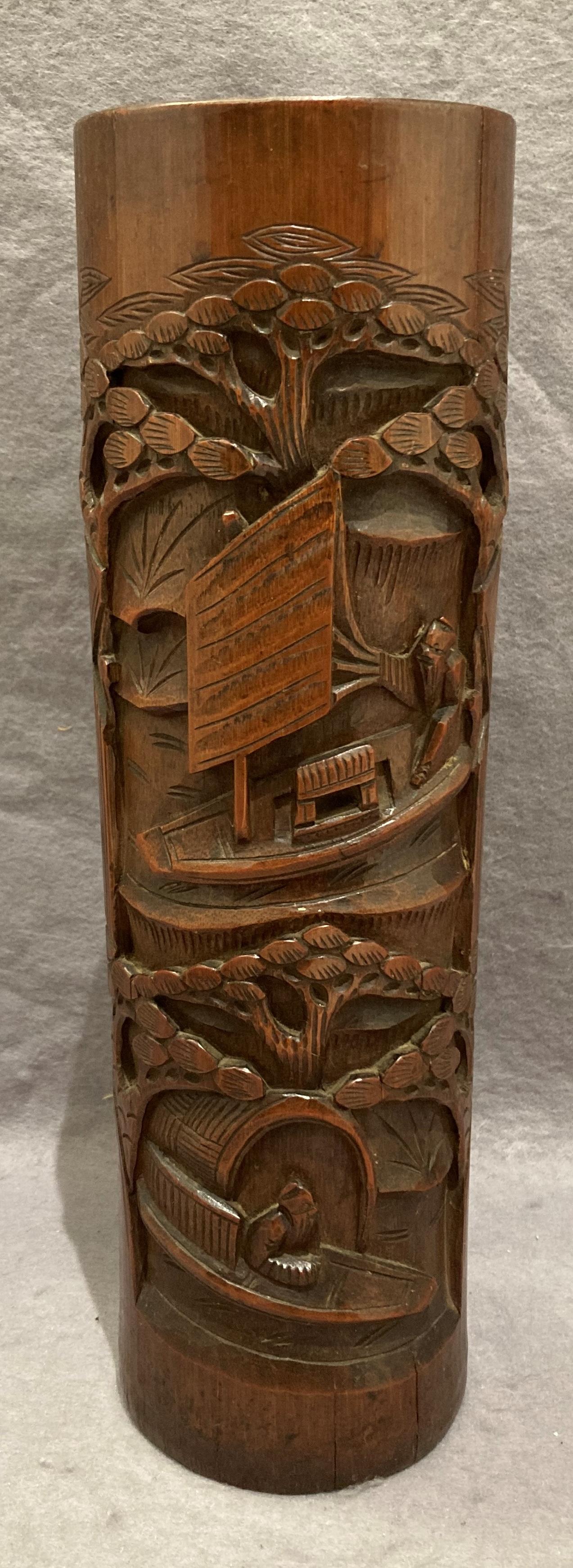 Oriental hand-carved bamboo vase,