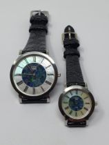 A matching pair of lady's and gent's quartz wristwatches with mother of pearl and opal mosaic dials,