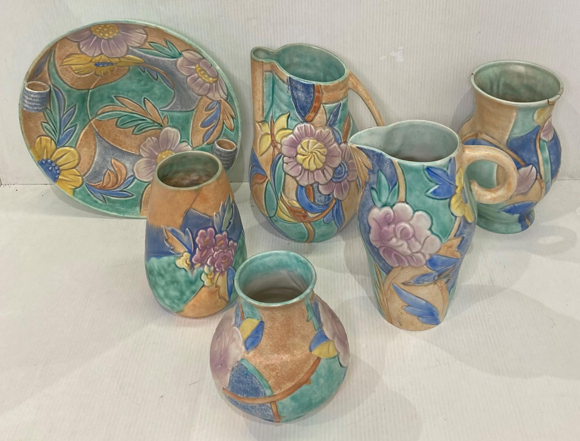 Six Beswick Art Deco style floral design ceramic items including jugs, vases, no: 123M, 146M, 66M,