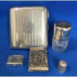 Five silver (hallmarked) items including a cigarette case (1945), vesta (1895),