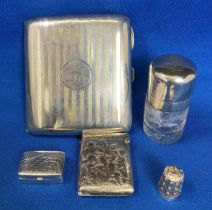 Five silver (hallmarked) items including a cigarette case (1945), vesta (1895),