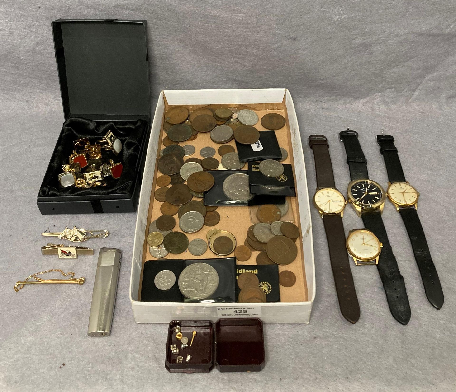 Contents to tray - two assorted vintage gold-plated gents watches by Avia Cadet and Bucherer (both