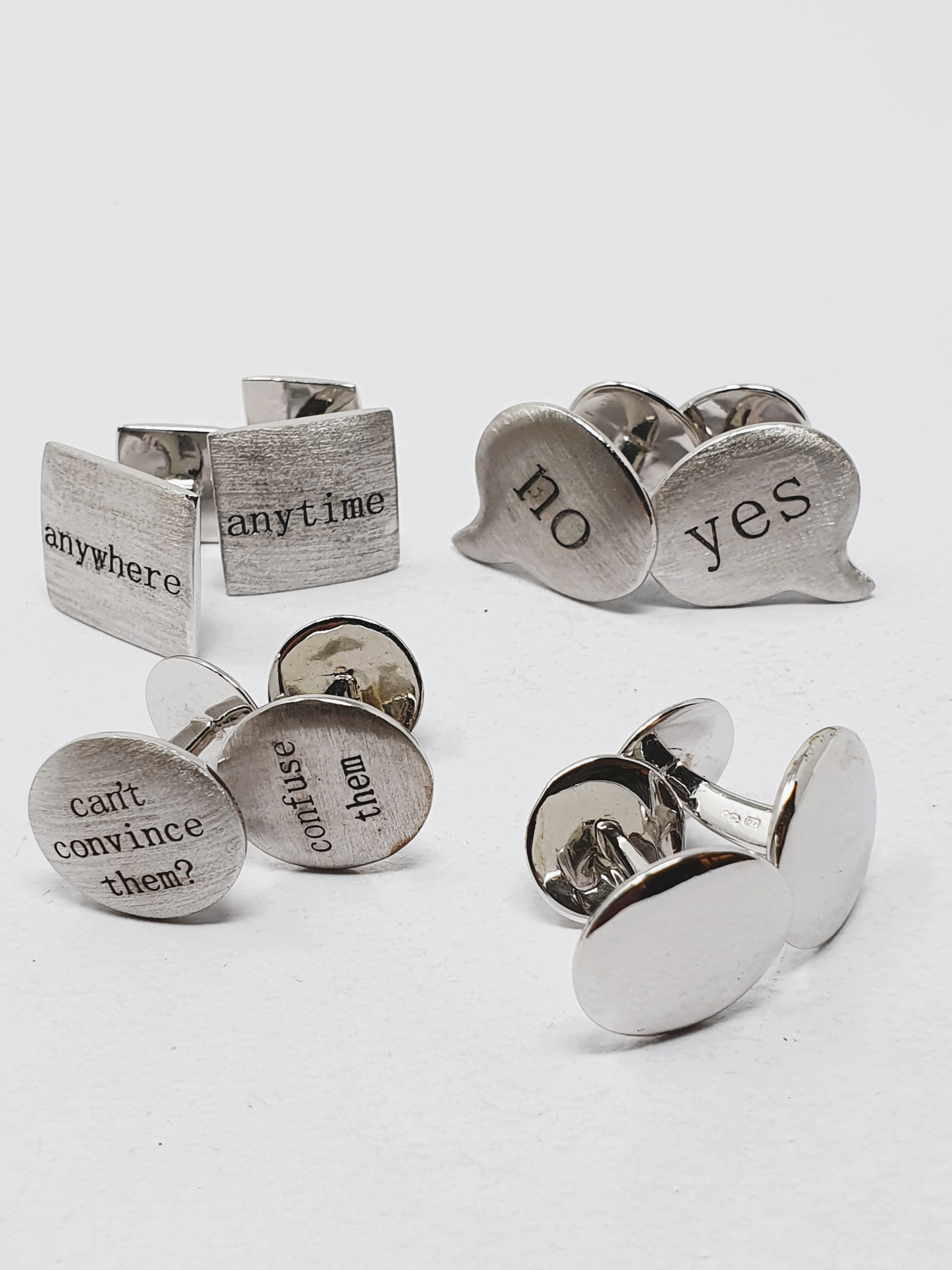 Sterling silver cufflinks, four pairs - 'anytime/anywhere' and 'can't convince them/confuse them',