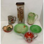 Seven pottery and ceramic items including Denby Pottery Glyn College tankard,