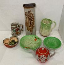 Seven pottery and ceramic items including Denby Pottery Glyn College tankard,