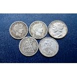 USA - Silver Dimes (5) 1871, 1891, 1902-O, 1912-S, 1927-S, some higher grades.