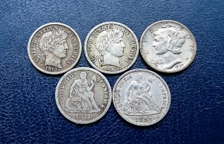 USA - Silver Dimes (5) 1871, 1891, 1902-O, 1912-S, 1927-S, some higher grades.