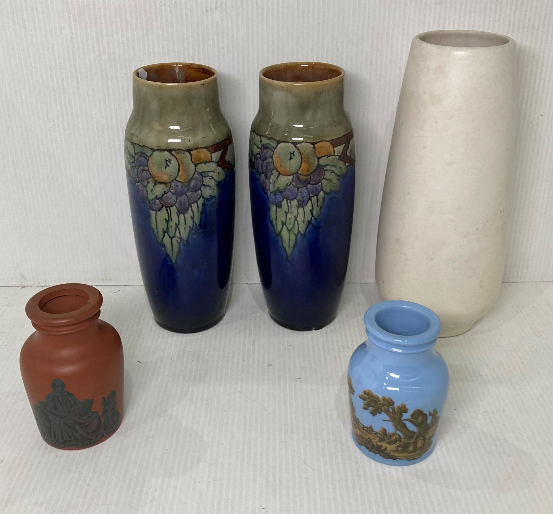 Pair of Royal Doulton Lambeth vases (both with stamps to base) no: 8530E UBW and no: 8530B (one