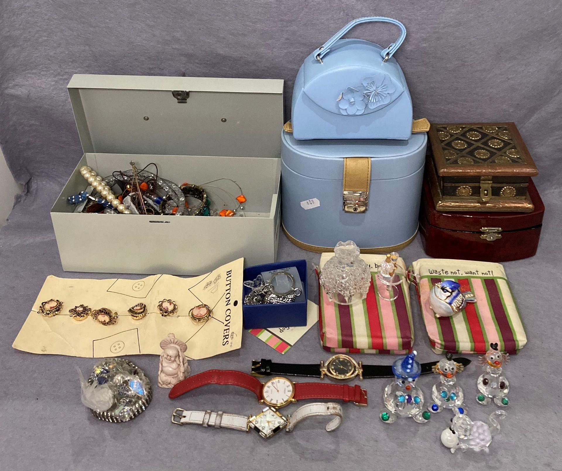 Contents to basket - assorted costume jewellery including watches, brooches, necklaces,