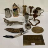 Twelve assorted items including two tankards, brass items, money box with key,