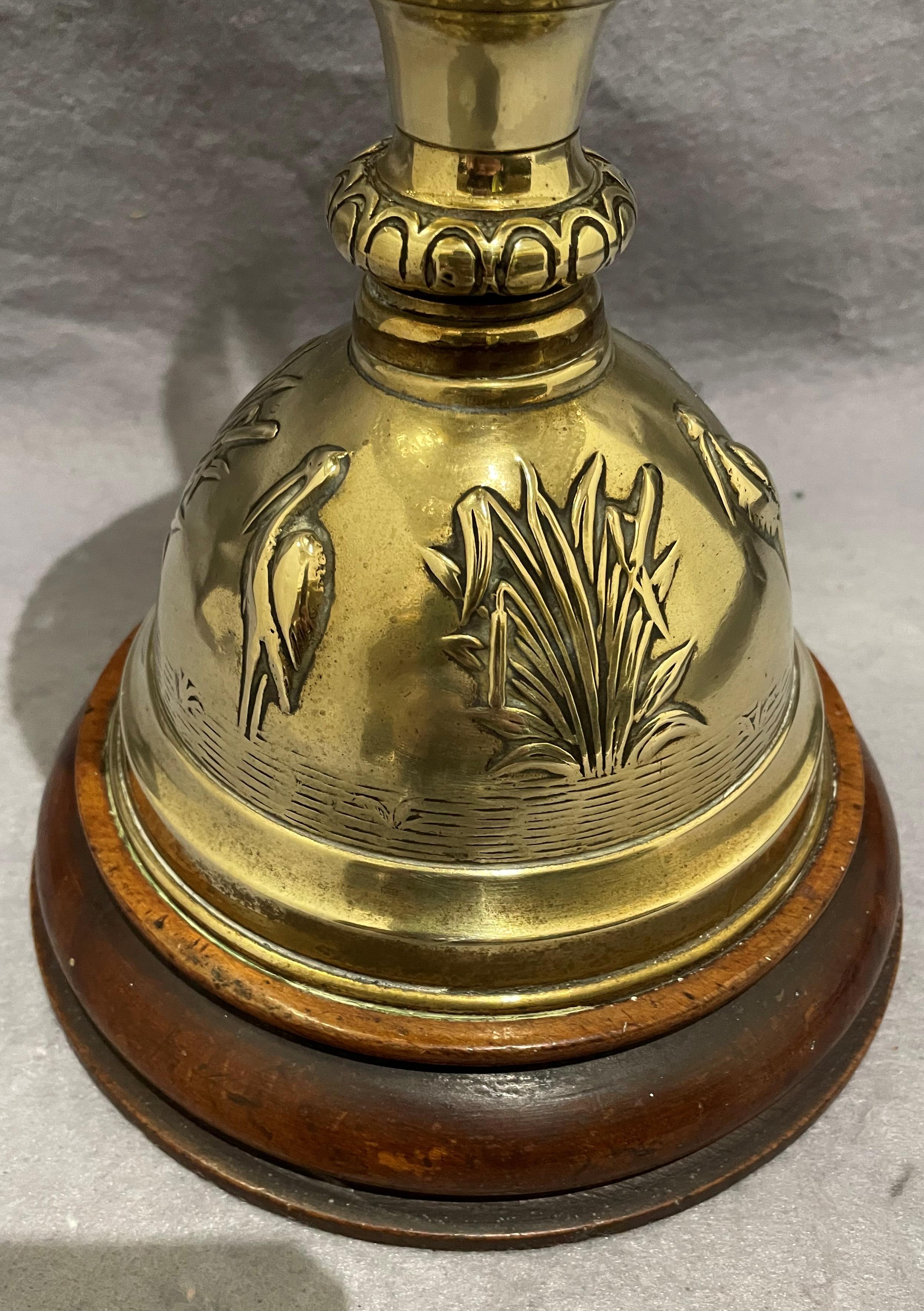 A vintage brass and cut glass oil/paraffin lamp with cranes in river base and glass funnel by - Image 2 of 5