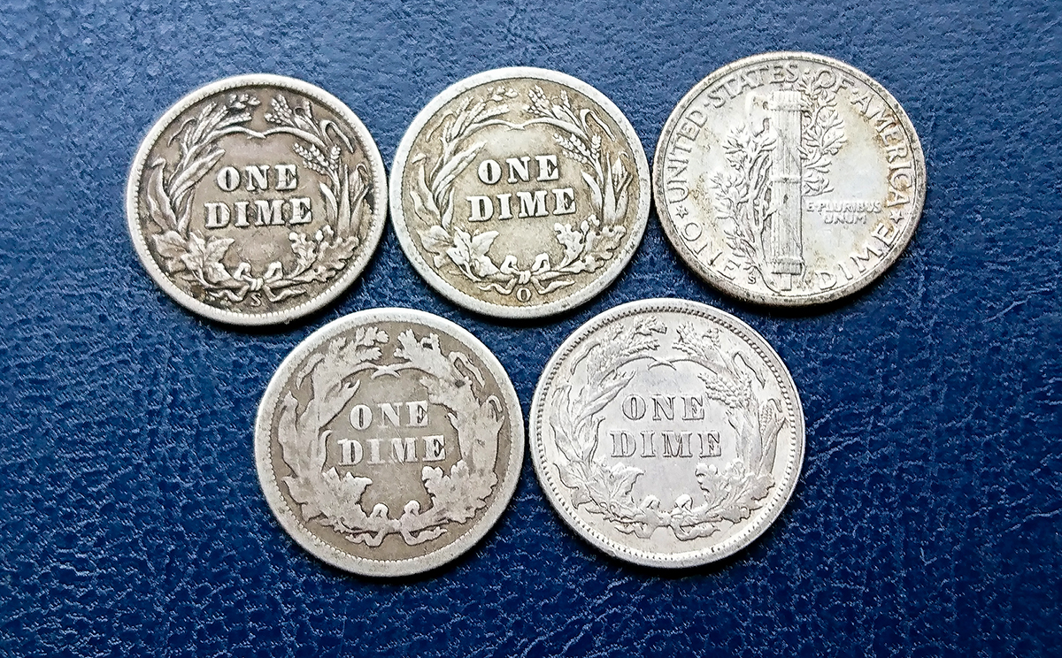 USA - Silver Dimes (5) 1871, 1891, 1902-O, 1912-S, 1927-S, some higher grades. - Image 2 of 2