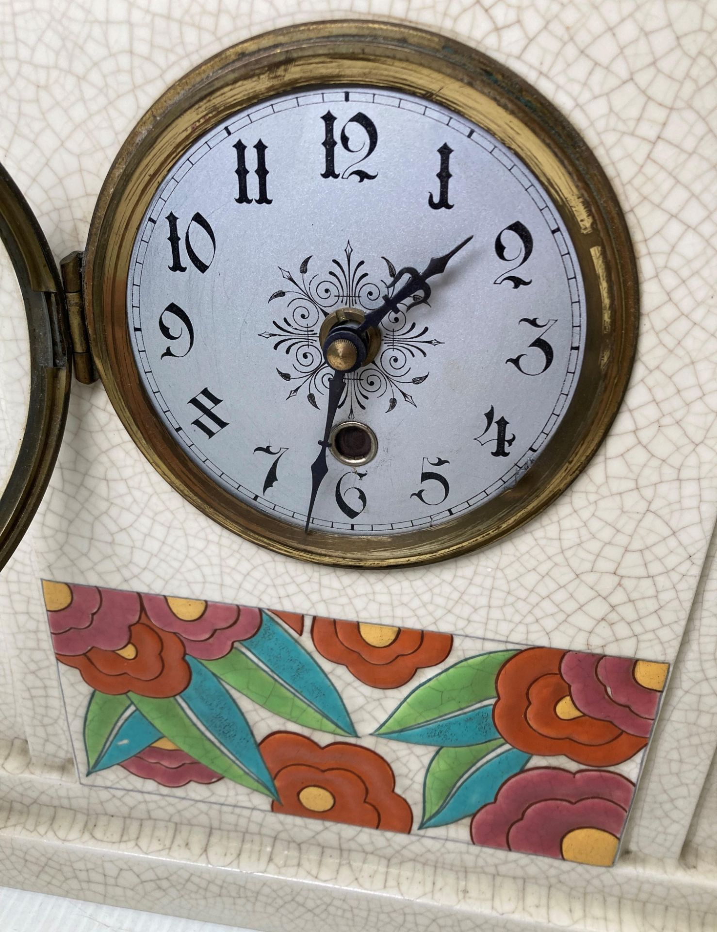 Art Deco 'Orchies' ceramic clock with floral design and crackle glaze with matching vases (saleroom - Image 2 of 5