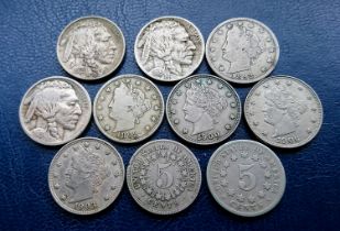 USA - Nickel 5 Cents (10) including 1867 Rays, Liberty, Buffalo 1913, etc. some good grades.