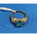 9ct gold (375) with small diamonds and central oval light-blue stone (possibly aquamarine) size Q.