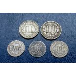 USA - 3 Cents (5) - Silver 1852, 1853, KM#75 etc.; Nickel 1866, 1868, KM#95.