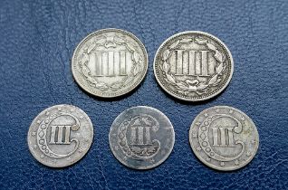 USA - 3 Cents (5) - Silver 1852, 1853, KM#75 etc.; Nickel 1866, 1868, KM#95.