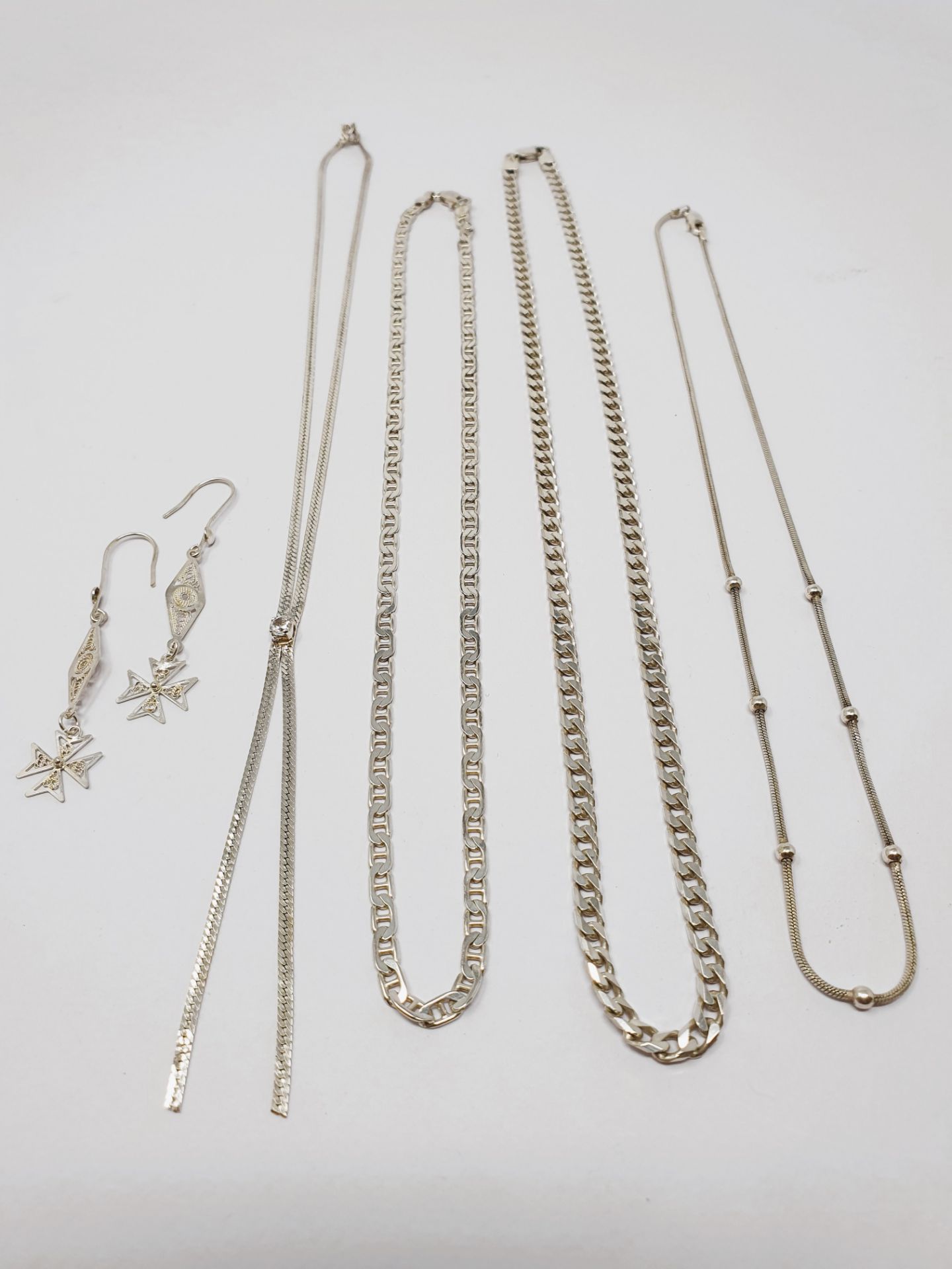 Sterling silver, filed curb chain 500mm, snake/bead chain 430mm, plaited herringbone chain 450mm, - Image 2 of 3