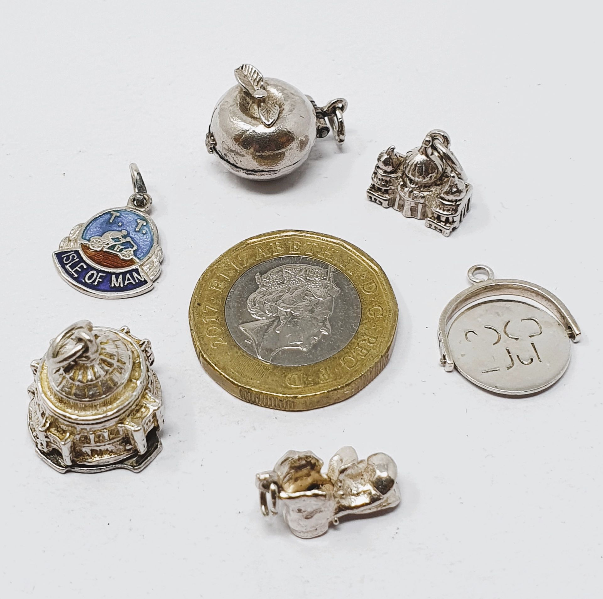 Sterling silver selection of fifteen charms, including clock, temple, boot, dustbin, IOM TT shield, - Image 3 of 3