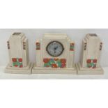 Art Deco 'Orchies' ceramic clock with floral design and crackle glaze with matching vases (saleroom