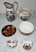 Six assorted items including a Oriental pattern water jug, a Shelley 'Leeds' crested china,