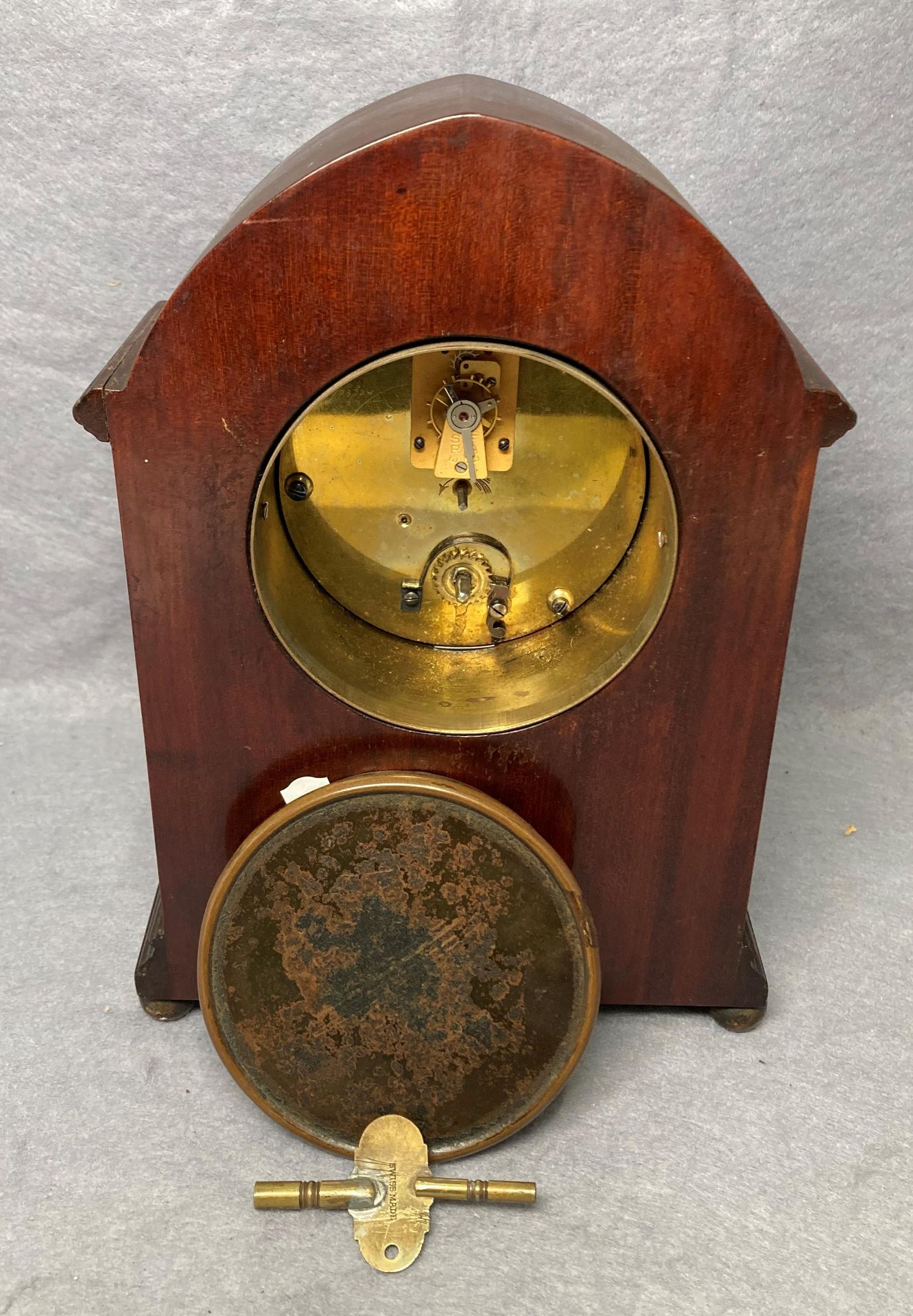 A Selfridge walnut cased mantel clock with inlay and arched top, - Image 2 of 2
