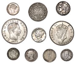 World - Silver coins, some good grades, including Germany 20pf 1892-G, India 2 annas 1841, etc.