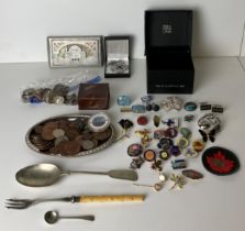 Contents to box - assorted coins, badges, cufflinks, pewter Celtic cross with green stone,