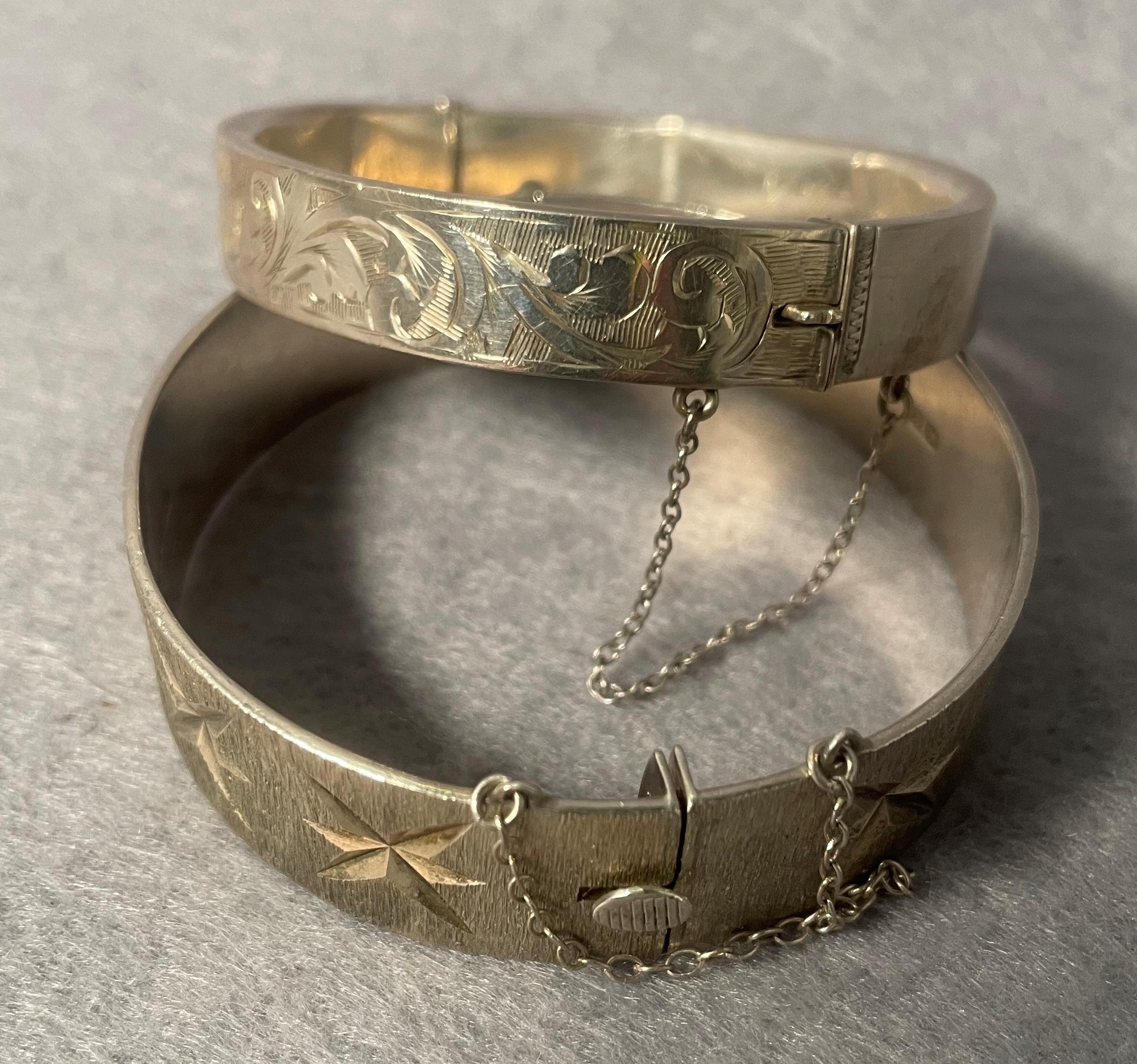 Two assorted silver hallmarked bangles including Birmingham 1968 etched floral design and a Chester - Image 2 of 3