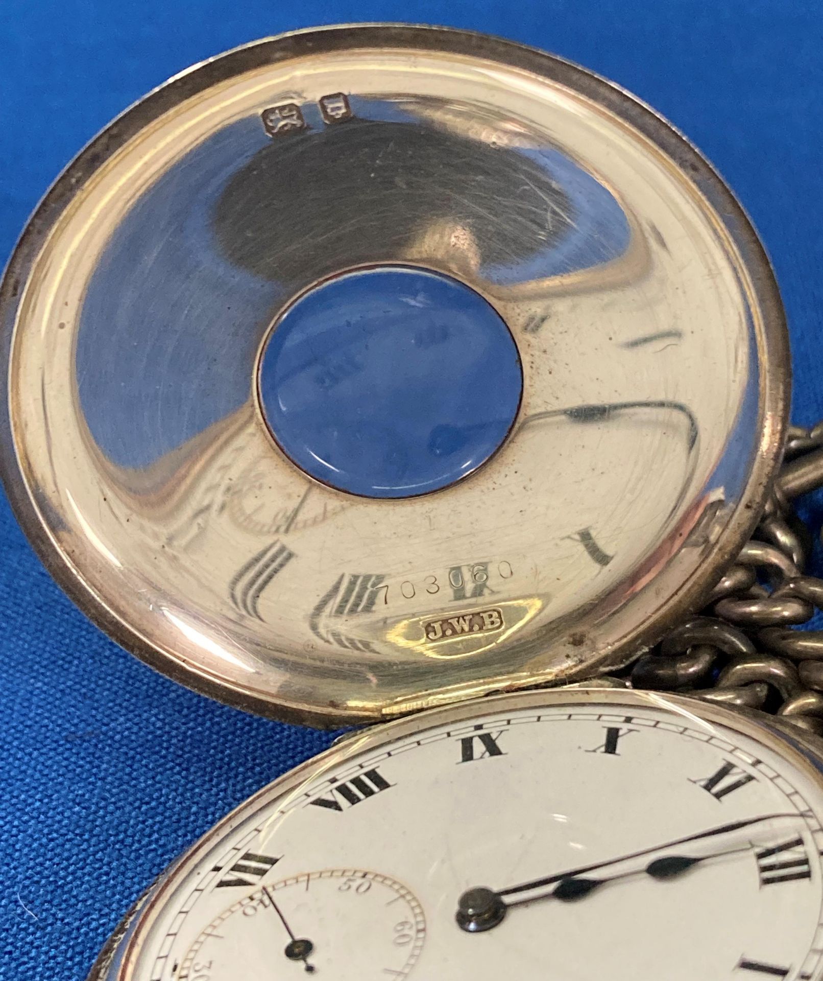 A silver (hallmarked) pocket watch by JWB London 1939 and a vintage silver (hallmarked) fob T-bar - Image 4 of 5