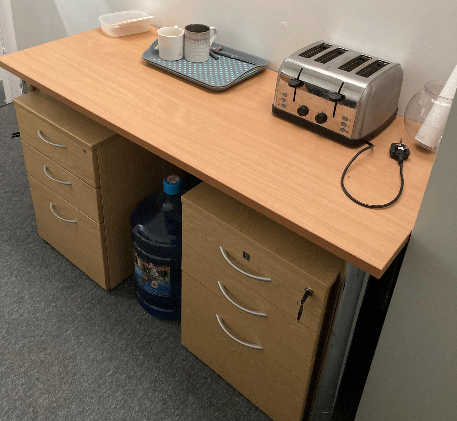 Contents to room - beech desk, two three drawer pedestals, a pine table (80cm x 80cm), two chairs, - Image 3 of 3